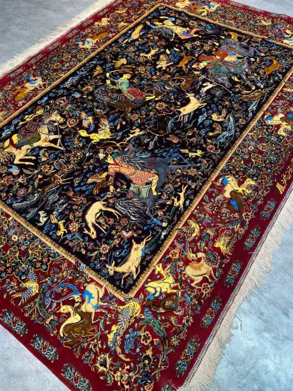 خرید قالیچه ابریشم قم دست بافت ، نقشه شکارگاه