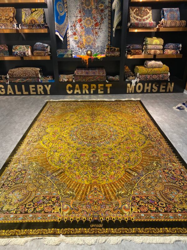 خرید فرش ابریشم قم دست بافت سایز ۶ متری، نقشه ترنج مدرن